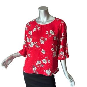 Skies Are Blue Women’s Small Blouse Red White Floral Bell Sleeve Top Tie Detail